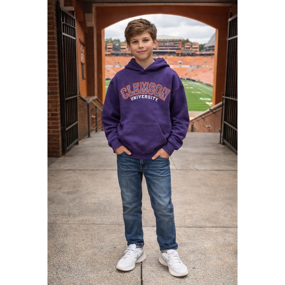 Vintage Russell CLEMSON Purple Hoodie Kangaroo Pocket Size Youth Large‎